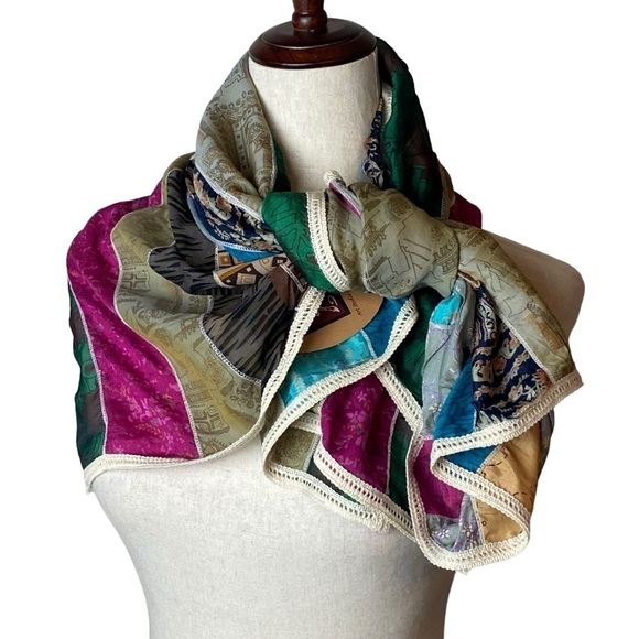 NWT Colorful Silk Sari handmade Square Stripe recycled scarf cotton & ra… - Picture 1 of 6